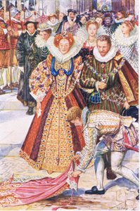Walter Raleigh feláldozza köpenyét Erzsébet királynőért, illusztráció Kenilworthből, 1910 körül alkotó: Henry Justice Ford
