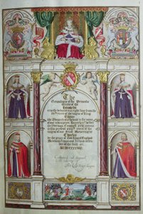 A "Howardok hercegi családjának genealógiája" címlapja, 1638 (tinta, aranylevél és szín a pergamen)