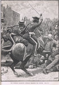Peterloo-i mészárlás a huszárokkal az emberek ellen, illusztráció Cassell „Anglia illusztrált története” című művéből, 1910 körül.