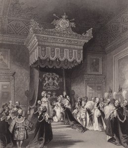 Viktória királynő a trónon, Szent Jakab-palota, London (metszet)