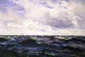 "Tengeri tájkép, balra egy hajótábla, jobbra pedig egy verseny közepén lévő hajó, mindkettő nagyon nagy távolságban ábrázolva. alkotó: Henry Moore