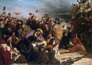 Bevándorlók búcsúztatása, a Temzén (Anglia) egy dokkban, minden korosztályból és társadalmi osztályból álló embercsoportok leírása, valamint a piros és kék inges matrózok a hajón, akik integetnek a tömegnek. alkotó: Henry Nelson O