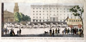 Kipp és Brown színpada, ahogy megjelent az Astor-ház mellett, 1845. június 16-án (kézzel színezett litó) alkotó: Henry R. Robinson