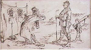 A golfozót megzavarja az üzletkötő, illusztráció a Graphic magazinhoz, 1870 körüli kiadás. alkotó: Henry Sandercock