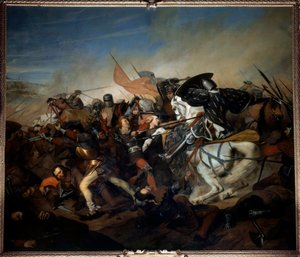 Kilátás a kasseli csatára 1328.08.23-án, VI. Valois-i Fülöp győzelme a flamand hadsereg felett Henry Scheffer (1798-1862) festménye 1837 V. 4,65x5,43 m versailles, kastélymúzeum