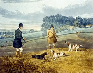Retrieving, a "Partridge Shooting" című, Joseph Clayton Bentley (1809-51) 1835-ös metszetéből (színes metszet).