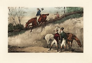 Angol úriember lóháton, ugrásban egy meredek töltésről alkotó: Henry Thomas Alken