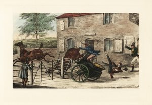 Angol urak egy kétlovas koncerten próbálnak átugrani egy fizetőkapun. alkotó: Henry Thomas Alken