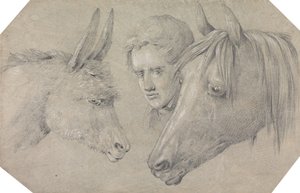 Egy istállófiú feje, amint a balján álló ló és a jobbján álló szamár feje között kinéz alkotó: Henry Thomas Alken