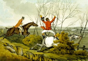Áthatolás a sövényen, „minősített lovaktól és minősíthetetlen lovasoktól” alkotó: Henry Thomas Alken