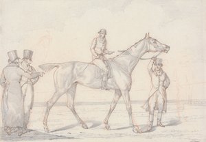 „Scraps”, 15. szám: Versenyló nyeregben ülő zsokéval, két férfi a lóról beszélget alkotó: Henry Thomas Alken