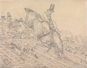 „Sportos elképzelések”: „Az a gondolatom, hogy ezt ‚Vadászkutyákkal lovaglás szédítő iramban‘ lehetne nevezni” alkotó: Henry Thomas Alken