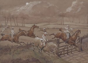 The Last Field near Nacton Heath, 3. lemez, The First Steeple Chase on Record, metszett J. Harris, nyomta Ackermann, London 1839-ben (színes akvatinta) alkotó: Henry Thomas Alken