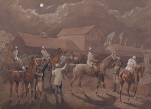 Nacton éjszakai lovasai: Indulás előkészületei. Ipswich, az itatóhely a laktanyák mögött alkotó: Henry Thomas Alken