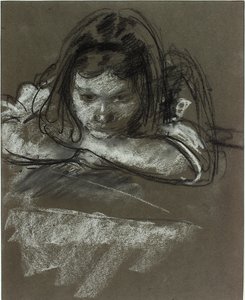 Egy lány feje és vállai az asztalnál (kréta papíron)
