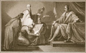 I. Vilmosnak ajándékozott ítéletnapi könyv, J. Fittler metszete, illusztráció David Hume "The History of England" című művéből, kiadta R. Bowyer, London, 1812.