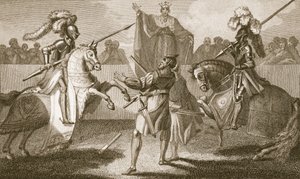 II. Richard felfüggeszti a Hereford és Norfolk párbajt, illusztráció David Hume „Anglia története” című kocsmájából. R. Bowyer, London, 1812