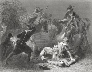 Lord Kilwarden meggyilkolása Robert Emmet lázadói által Dublinban, Írországban, 1803-ban Thomas Wright „Írország története” című művéből, amely 1854 körül jelent meg.
