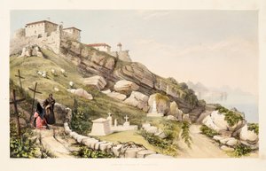 Brit tisztek temetkezési helye a San Sebastian-i kastélydombon, a Spanyolország baszk tartományainak díszletrajzaiból, válogatott nemzeti zenével ?, kocsma. 1838 (kézzel színezett metszet