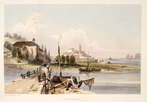 Fontarabia, a kolostorral és a Capauchinos-híddal, a Díszletrajzok Spanyolország baszk tartományaiból, válogatott nemzeti zenével ?, pub. 1838 (kézzel színezett metszet)