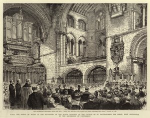 Őfelsége a walesi herceg a West Smithfield-i Nagy Szent Bertalan-templom északi kereszthajójának a Canterbury érsek általi újranyitásán. alkotó: Henry William Brewer
