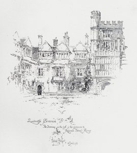 Brasenose College, Oxford, amely bemutatja Reginald Heber angol pap és író szobáinak bejáratát (litho) alkotó: Herbert (after) Railton