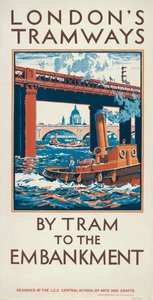 "By Tram to the Embankment", London County Council LCC Tramways plakát, 1924 alkotó: Herbert Kerr Rooke