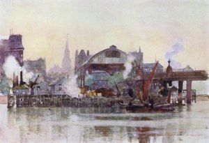 Charing Cross állomás a folyó felől (színes litó) alkotó: Herbert Menzies (after) Marshall