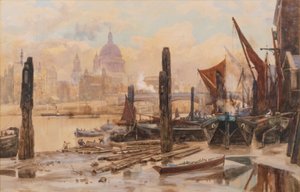 Horgonyzó Temze uszályok; a távolban a St Pauls és a Blackfriars híd alkotó: Herbert Menzies Marshall