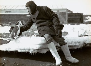 Ember egy pingvinnel az angol antarktiszi expedíció során alkotó: Herbert Ponting