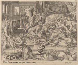 Pharez és Zara születése alkotó: Herman Jansz Muller after Maerten van Heemskerck