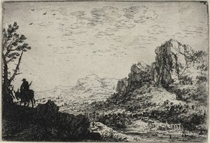 Egy utazó öszvéren lovagol, a Hat tájképből alkotó: Herman Saftleven