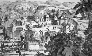 A Susquehanna nép faluja, a Susquehanna folyó (metszetrészlet), amelyet Hermann Moll „A Franciaország által igényelt északi Amerika északi részeinek új térképe” című művében 1720-ban közölt.