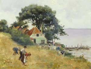 Gyerekek gyűjtögetnek egy tó mellett, 1900-1910 körül (olaj a táblán)