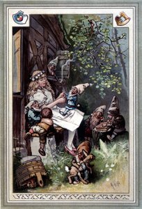 Kinder und hausmarchen (Mese gyermekkorról és otthonról) (1812): a Grimm testvérek meséi. Hermann Vogel 1894-es borítója, amely Hófehérkét és a hét törpét ábrázolja.