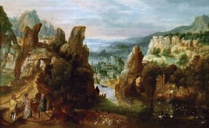 Tájkép az Emmausba vezető úttal - Tájkép az Emmausba vezető úttal - Henri de Herri met de Bles (1510-1550). Olaj, fa, kb. 1535-1540. Méretek: 14,6 x 33,5 cm. Művészettörténeti Múzeum, Bécs