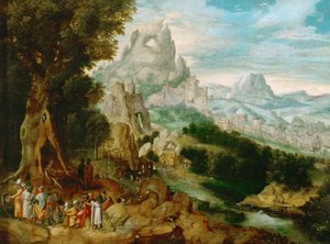 Paysage avec Saint Jean Baptiste prechant - Táj Keresztelő Szent János prédikációjával, Herri met de Bles (Henri Bles) (1510-1550). Olaj, fa, kb. 1535-1540. Mérete: 29x39 cm. Művészettörténeti Múzeum, Vienne