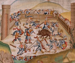 Flamand kárpit. Sorozat Négy gobelin Hieronymus Bosch nyomán. Szent Márton (San Martín). A sorozat első gobelinje. Modell Hieronymus Bosch munkája ihlette. Gyártás Ismeretlen műhely, Brüsszel. 1560 előtt. Szövet Arany, ezüst, selyem és woo alkotó: Hieronymus (after) Bosch