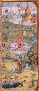Flamand kárpit. Sorozat Négy gobelin Hieronymus Bosch nyomán. A földi gyönyörök kertje (Jardín de las Delicias). A sorozat negyedik kárpitja. Modell Hieronymus Bosch munkája ihlette. Gyártás Ismeretlen műhely, Brüsszel. 1560 előtt Fa alkotó: Hieronymus (after) Bosch
