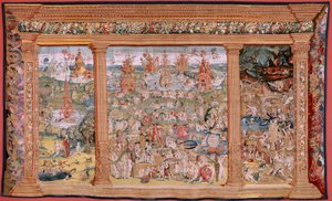 Flamand kárpit. Sorozat Négy gobelin Hieronymus Bosch nyomán. A földi gyönyörök kertje (Jardín de las Delicias). A sorozat negyedik kárpitja. Modell Hieronymus Bosch munkája ihlette. Gyártás Ismeretlen műhely, Brüsszel. 1560 előtt Fa