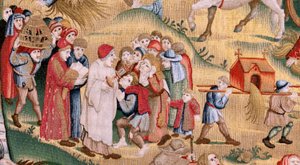 Flamand kárpit. Sorozat Négy gobelin Hieronymus Bosch nyomán. Az emberi élet megpróbáltatásai (Tribulaciones de la vida humana). Harmadik kárpit a sorozatban. Modell Hieronymus Bosch munkája ihlette. Gyártás Ismeretlen műhely, Brüsszel. 1560 előtt alkotó: Hieronymus (after) Bosch