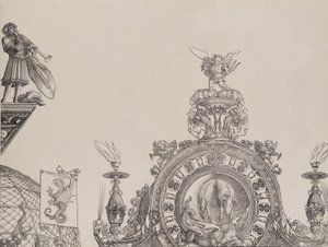 A jobb oldali portál csúcsa, valamint egy trombita és egy standard a központi portálról, fr..., 1515.