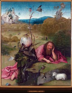 Keresztelő Szent János a sivatagban - Jheronimus van Aken festménye, Jerome (Hieronymus) Bosch (kb. 1450-1516), olaj, fa, 48,5x40 cm, 1489 körül - Madrid, Museo Lazaro Galdiano alkotó: Hieronymus Bosch