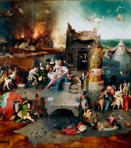 A kísértések triptikusa: „” Szent Antal kísértései”” Központi tabló, amely a sivatagban az Ördög kísértéseit szenvedő Nagy Szent Antal (251-356) remetét (vagy Remete Szent Antal vagy Apát Szent Antal) ábrázolja. Festés által alkotó: Hieronymus Bosch