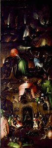 Az utolsó ítélet triptikusa: a poklot ábrázoló jobb oldali panel. Hieronymus Van Aeken (Aken) festménye fára, Jerome Bosch (1450-1516) 1504 körüli nap. 167,5x60 cm Bécs, Képzőművészeti Akadémia festménycsarnoka hist alkotó: Hieronymus Bosch