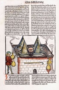 Illusztráció egy 15. század végi lepárlóról, ahol a növények illóolajait vonják ki, 1500