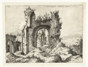 Caracalla fürdőjének első megtekintése Ex Rvinis Thermarvm Antonii Pii (...) (cím a tárgyon) Római romok (sorozat címe) alkotó: Hieronymus Cock