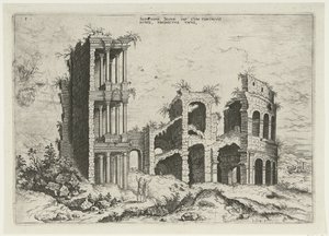 Kilátás a Septizoniumra és a Colosseumra Rómában Septizonii Severi Imp (...) (cím az objektumon) Római romok (sorozat címe) alkotó: Hieronymus Cock