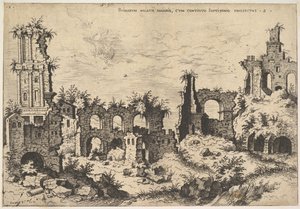 Kilátás a Palatinus-hegy romjaira, bal oldalt trabált homlokzattal, középen árkádokkal, fr..., 1550.