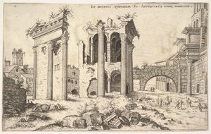 Azonosítatlan romok képe balról trabeált homlokzattal, középen árkádokkal, 1551-ben található boltívvel.